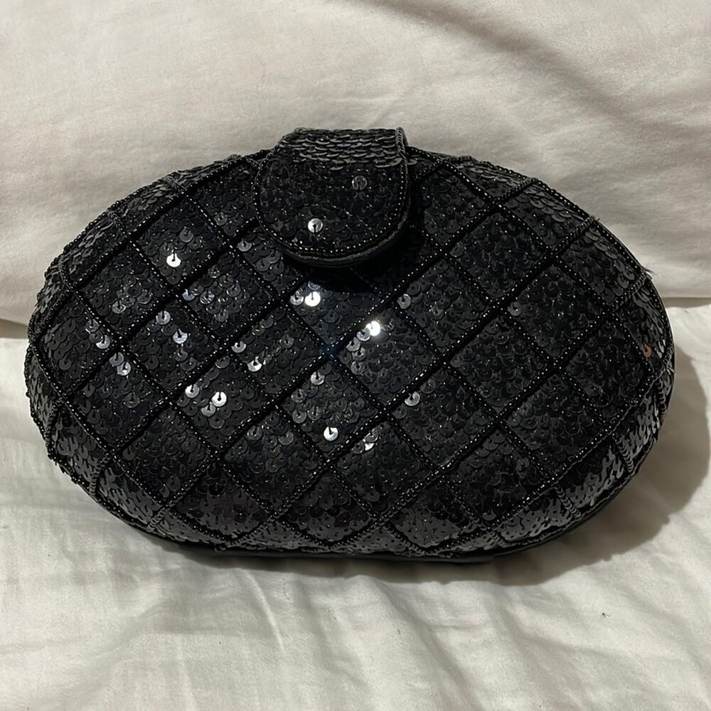 Lord & Taylor black hard case sequined hand bag hidden silver chain strap nwot